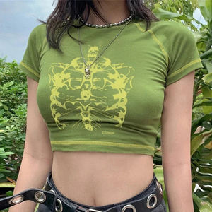 Top corto estampado con pantalla de color verde oliva para mujer, Top con adornos de contraste, camisetas recortadas - Product Image 2