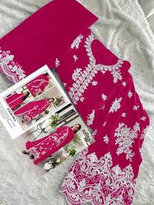 Estilo indio pakistaní señoras rayón algodón seda césped tela Rani Color mano bloque impreso Semi Stitch diseñador traje Dupatta conjunto - Product Image 2