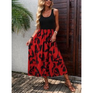 Women's Strappy Round Neck <b>Viscose</b> Bottom Patterned Long Supreme <b>Dress</b>, 35566 - Red - Product Image 1