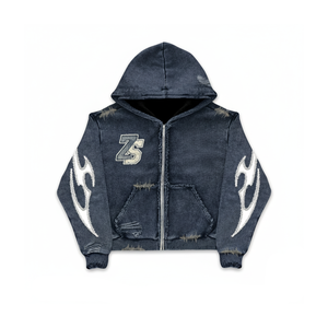 Premium 400 GSM Heavy Cotton Fleece Zipper Hoodie Distressed Wash avec broderie flamme Design Logo personnalisé basics Hoodie - Product Image 1