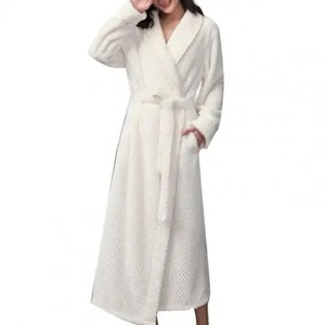 Women Solid Color Hooded Bathrobe Ladies Woven Fleece Plush Warm Breathable Long Robes Nightgown Sleepwear