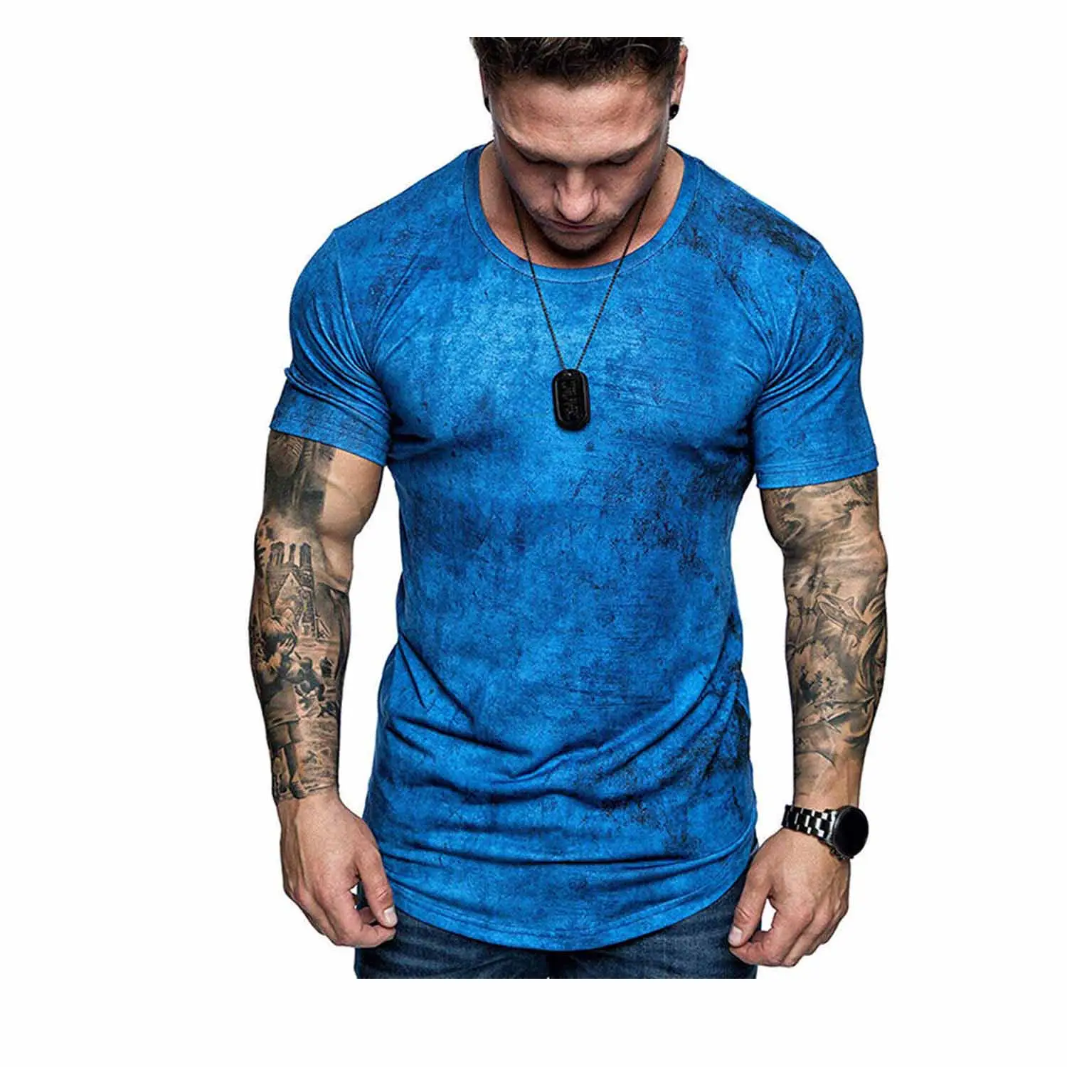 2024 neuer Artikel einzigartiges Design Street Style Herren Fitnessstudio tragen Muskeln Säure-Wäsche T-Shirt O-Ausschnitt