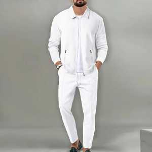 Men Cotton Tracksuit Breathable Knitted Solid Casual Zip Jacket <b>Jogger</b> Pants Two Piece Set - Product Image 4