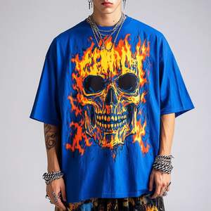 Men's Trendy Oversized Breathable Graphic Tees New Arrival Hip Hop Streetwear Flame Skull <b>Print</b> Short Sleeve - Product Image 2