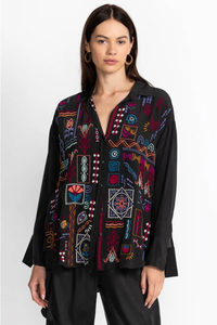 Boho Embroidered <b>Patchwork</b> Shirt Women's Loose Fit Three Quarter Sleeve Casual <b>Top</b> All Seasons Black Polyester Blouse - Product Image 3