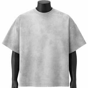 Camiseta Oversize Personalizada Gris Claro Lavado para Hombre, Estilo Vintage, Lisa, de Algodón, Manga Corta, Casual, de Moda, con Ribete - Product Image 1
