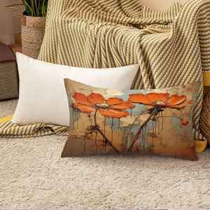 Almohada con estampado floral abstracto de margaritas y flores naranjas - Decoración moderna para el hogar, 16"x16" - 40x40 cm - Product Image 5