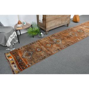 Tapis turc Vintage Bohème Marron Orange Patchwork Design 2.3x11.3 pieds Tapis de chevet Laine avec support en Latex pour chambre à coucher - Product Image 1