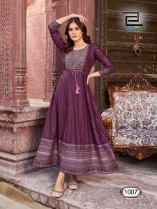 Mode à la mode pour les femmes longue rayonne Anarkali kurti robe de soirée de mariage indien feuille impression robe pour les femmes 2024 - Product Image 5
