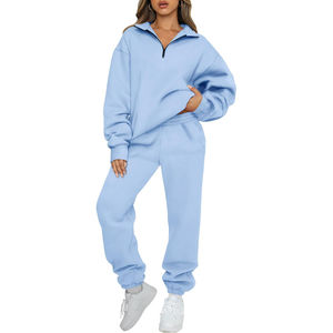 Survêtements pour femmes bleu clair 2 pièces tenues pull à manches longues demi-fermeture éclair et pantalon de survêtement baggy avec poches respirant - Product Image 1