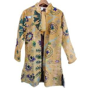 Jacket Vintage Suzani Embroidered Kantha Cotton Long <b>Pockets</b> Floral Pattern Autumn/Winter/Spring Reversible Eco-Friendly - Product Image 1