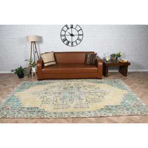 Turkish 5.7x9.9 ft Rug, Vintage Rug, <b>Yellow</b> Check Rug <b>Wool</b> - Product Image 1