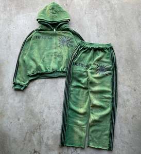 ชุดวอร์มผู้ชายไซส์ใหญ่ สไตล์สตรีทแวร์ ผ้าฟอกสีแบบ Acid Wash พิมพ์ลาย ย้อมสีแบบ Garment Dyed ทรงหลวม มีฮู้ดคู่ ซิปหน้า - Product Image 1