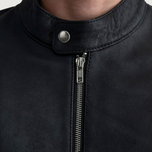 <b>Men's</b> Genuine Leather Moto <b>Jacket</b> Stand Collar Zip Front Slim Fit Regular Length Solid Color Black - Product Image 6