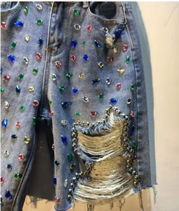 Shorts de Mezclilla Desgastados con Cuentas de Imitación de Diamantes, Bermuda, Jorts para Mujer, Ropa Urbana de Verano - Product Image 3