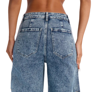 Jeans de Pierna Recta con Adornos de Perlas para Mujer, Lavado Ácido Azul Claro, Pantalones de Mezclilla Casuales de Longitud Completa, Moda para Mujer, Venta al Por Mayor - Product Image 4