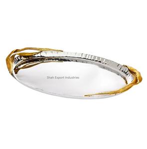 Handcrafted Metal Serving <b>Tray</b> With Brass Handle Oval Shape Silver Plated for Wedding Party <b>Catering</b> Serving <b>Tray</b> - Product Image 1