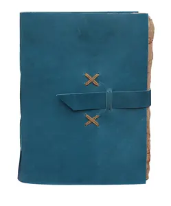 Vintage Handmade Leather Journal Blue Soft Leather Bound Strap Leather Writing Journals Diary Deckle Edge 120 Blank Pages