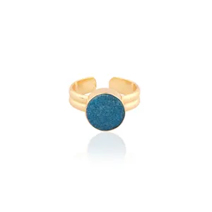Wholesale genuine sky blue crystal sugar druzy double layer band ring solid brass 18k gold plated round shape adjustable rings