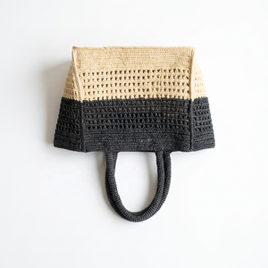 Crochet Raffia Durable Tote <b>Bag</b> <b>Women</b> Casual <b>Beach</b> Two Tone Black and Beige Hollow Out Open Top Large Capacity Parties - Product Image 2