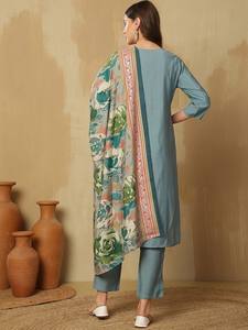 Mujeres étnicas Regular Pure Silk Kurta con pantalones y con Dupatta indio Pakistán traje Salwar kameez traje - Product Image 5