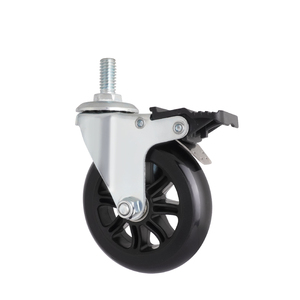100mm PU Flat Free Caster 1/2 Threaded <b>Wheel</b> Steel Frame Black Front Brake Casters - Product Image 1