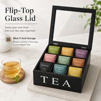 Boîte à thé en bois massif avec couvercle transparent, boîte de rangement à 9 compartiments pour sachets de thé, capsules de café, pour la maison, la cuisine, le bureau