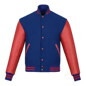 Custom Men's Wool letterman Real Leather Varsity Jacket Blue with Red Color Embroidery Logos Patches and Labels jacket for men