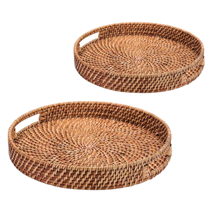 Round <b>Wicker</b> RATTAN <b>BASKET</b> / TRAY Rattan Tray with 2 Side <b>Handles</b> Ideal for Breakfast, Tea & Snacks - Product Image 1