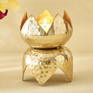 Lotus <b>Hammered</b> Metal Candle <b>Holder</b> Perfect for Cozy Country Inspired Spaces Antique Gold Candle <b>Holder</b> - Product Image 4