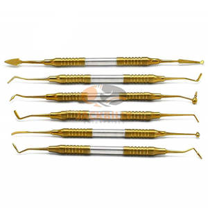 Juego de instrumentos de relleno de compuesto Dental de 6 piezas, instrumentos médicos dentales de acero inoxidable antiadherentes con revestimiento de titanio dorado - Product Image 1