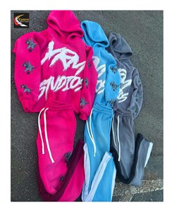Chándal con cremallera desgastado lavado con ácido de dos piezas, chándal con capucha de felpa con estampado sólido desteñido al sol, conjuntos de pantalones de chándal - Product Image 2