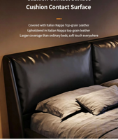Lit plateforme de style italien minimaliste, luxe léger, en cuir véritable, assemblé, avec cadre en bois et dossier rembourré
