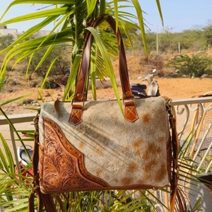 LW Hand Tooled Floral Print Cowhide Fur Leather Tote Bags Western Stylish Evening Bag And Tooled Clutch <b>Unique</b> Combo - Product Image 2