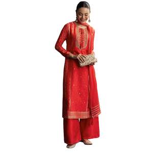 Traje Palazzo Bandhani de seda roja con bordado, venta al por mayor, Ropa Étnica para mujer, fábrica de ropa OEM, proveedor a granel, fabricante - Product Image 2