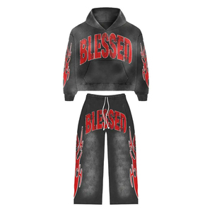 OEM logotipo personalizado impreso transpirable sólido ácido lavado sol desteñido recortado con capucha pantalón 2 piezas de algodón ligero de lana de gran tamaño - Product Image 3