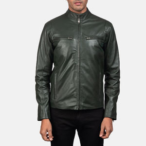 Chaqueta de motociclista verde icónica para hombre, cremallera de anilina de piel de oveja auténtica con forro de viscosa acolchado y bolsillos interiores y exteriores - Product Image 1