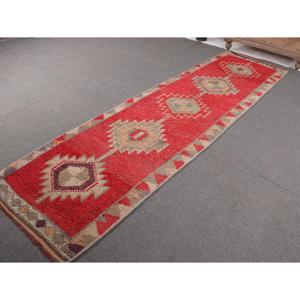 Turkish Rug, 2.8x10.3 ft <b>Runner</b> Rug, <b>Red</b> Gray Herki Wool Rug - Product Image 2