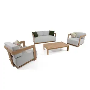 Furnitur teras kayu semua cuaca Set luar ruangan Hidup Set Modern halaman kain bantal Sofa mebel tropis grosir