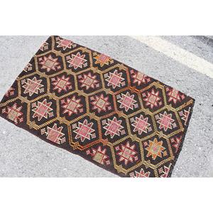 Vintage 2.6x4.2 ft Rug, Kilim Turkish Rug, <b>Brown</b> Ikat Rug <b>Wool</b> - Product Image 4