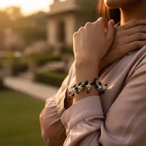 "Black Onyx Gemstone Women's Fashion Charm <b>Bracelet</b> with <b>Silver</b> <b>Beads</b>" - Product Image 2