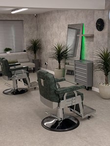 DECORS ALL Modern Barber <b>Chair</b> Chrome Base Green <b>Leather</b> Upholstery <b>Reclining</b> Styling <b>Chair</b> Barber Shop Heavy-Duty Hydraulic - Product Image 1