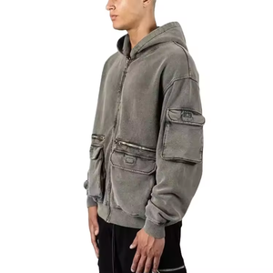 Sudaderas con capucha de peso pesado de algodón con logotipo personalizado para hombre Cargo Track 3D bolsillos sudaderas con capucha de gran tamaño Vintage Stone Washed Zip Up Hoodies - Product Image 6