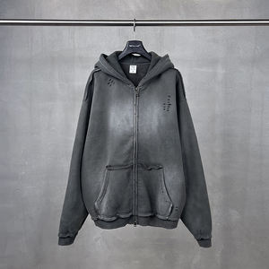 Men's Zip Up Hoodies Y2k Distressed Washed Oversize Cardigan Hoodie Plus Plush <b>Tie</b>-<b>dye</b> Fraying Hooded <b>Sweatshirt</b> Autumn Winter - Product Image 4