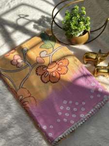 Sari Indio de Seda Makhmali Suave para Mujer, Hermoso Kalmakari con Borde de Encaje Samosa Plateado Bandhani - Product Image 3