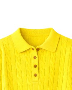 Suéter de Punto Trenzado Amarillo para Mujer, Cuello Polo, Manga Larga, Cierre de Botones, Suave, Cálido, Informal, para Invierno, Moda Femenina - Product Image 5