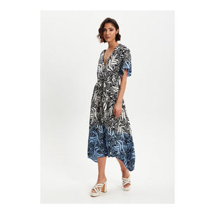 Brand New Fashionable Customized Tropical Printed <b>Blue</b> Dip Dye Wrap <b>Dress</b> Viscose Midi <b>Dress</b> <b>for</b> <b>Women</b> and Girls at Low Price - Product Image 1