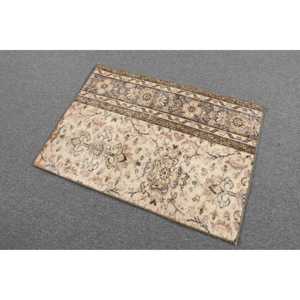 Vintage Small Rug 2x2.8 ft, <b>Brown</b> Abstract Turkish <b>Wool</b> Rug - Product Image 2