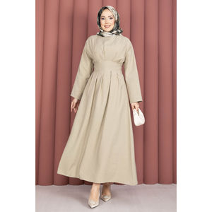 Vestido Formal Modesto Color Beige Oscuro con Cintura Plisada y Detalle de Cinturón, Transpirable, Talla XS, para el Día, Disponible en Largo hasta el Suelo y hasta la Rodilla - Product Image 3