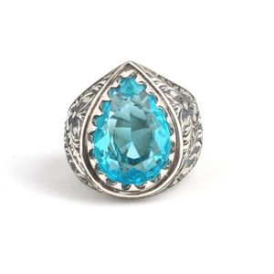 <b>925</b> Sterling <b>Silver</b> Men's <b>Ring</b> with Aquamarine Stone Drop Pear Cut Diamond Pen-Shaped Design Bezel Setting for Everyday Wear - Product Image 2